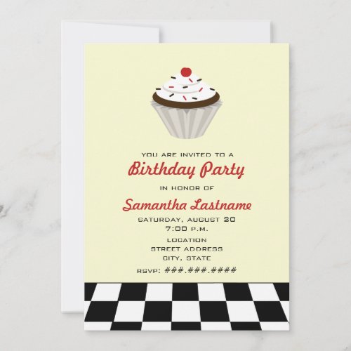 Chocolate Cupcake With Cherry Retro Birthday Party Invitation