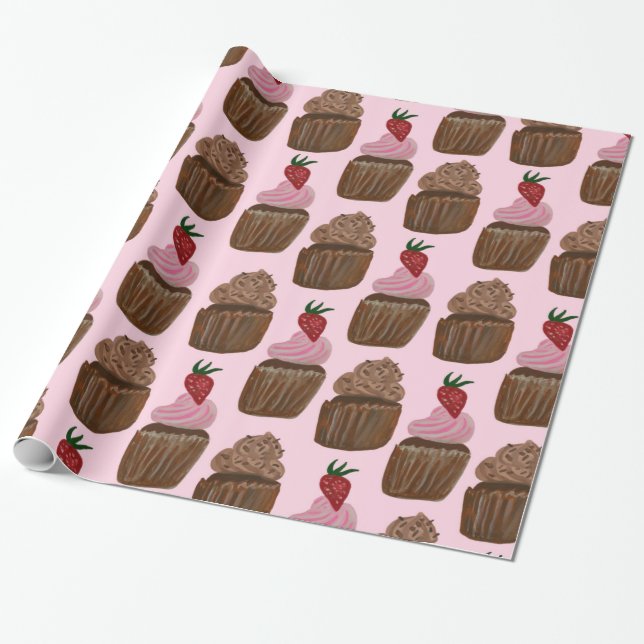 Chocolate Cupcakes on Pink Gift Wrapping Paper (Unrolled)