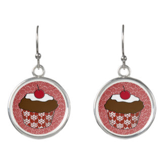 Chocolate Cupcakes on Red and White Pattern Earrings