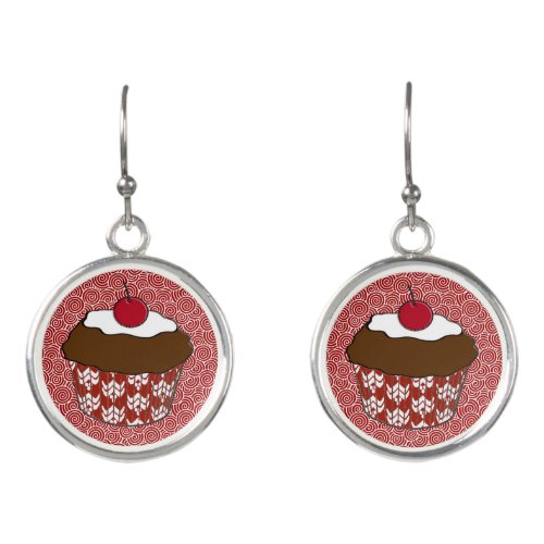 Chocolate Cupcakes on Red and White Pattern Earrings