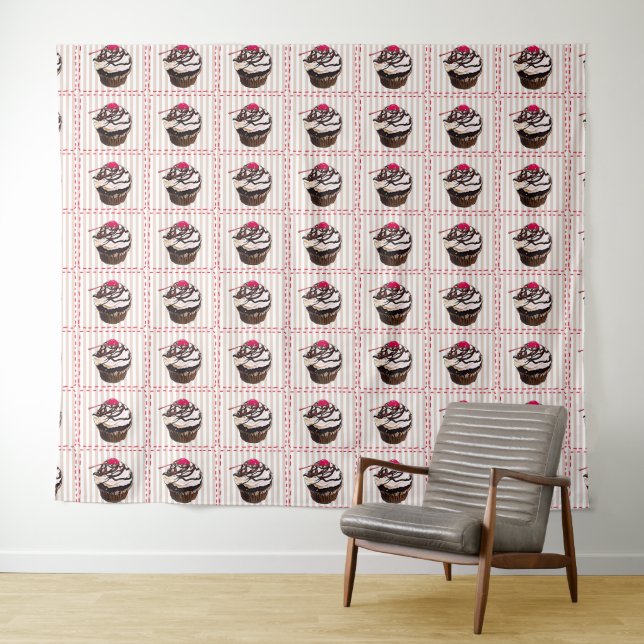 Chocolate Cupcakes Red and White Wall Tapestry (In Situ (Horizontal))