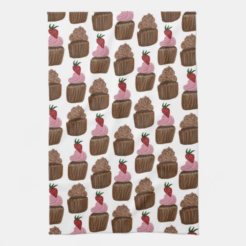 Chocolate Cupcakes Watercolor Pattern Kitchen Towel