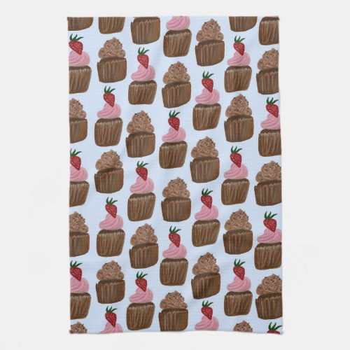Chocolate Cupcakes Watercolor Pattern Pale Blue Kitchen Towel