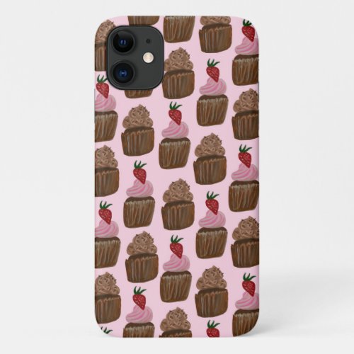 Chocolate Cupcakes Watercolor Pattern Pink iPhone 11 Case