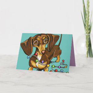 Chocolate Dachshund Lights Christmas Teal Holiday Card