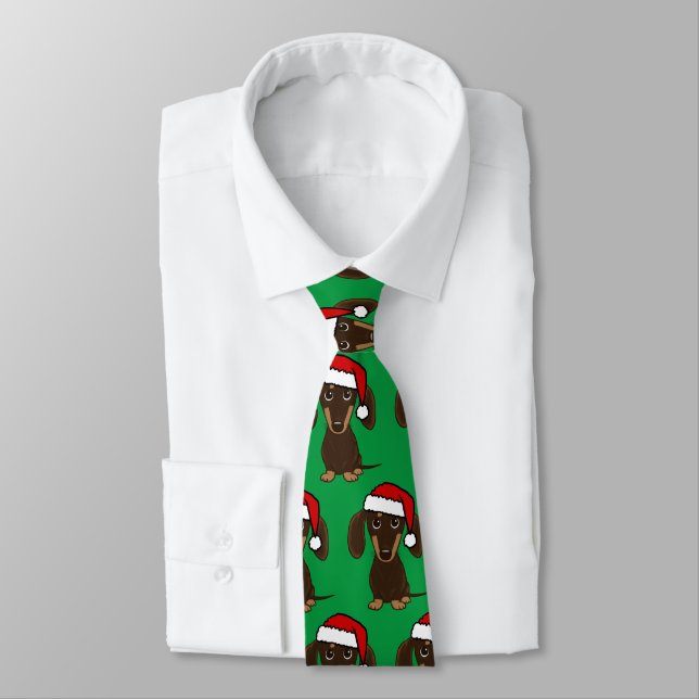 Chocolate Dachshund Santa Wiener Dog Christmas Neck Tie (Tied)