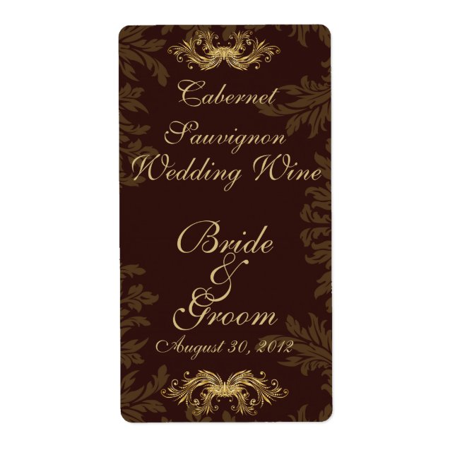 Chocolate Damask 2 Wedding Wine Label (Front)