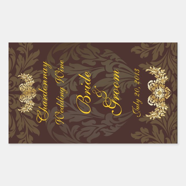 Chocolate Damask Wedding Wine Label Sticker (Front)