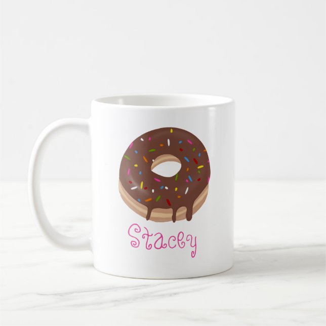 Chocolate Donut Custom Pink Name Coffee Mug (Left)