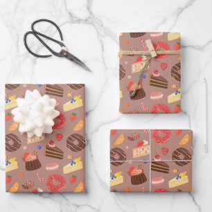 Chocolate Donut & Gourmet Desserts Pattern Wrapping Paper Sheets