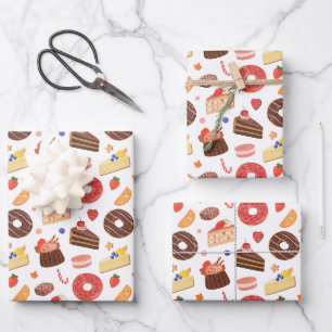 Chocolate Donut & Gourmet Desserts Pattern Wrapping Paper Sheets
