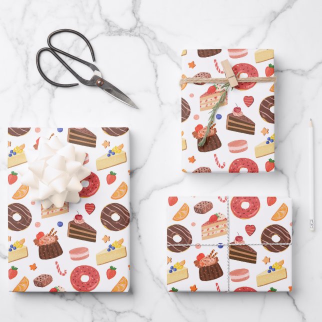 Chocolate Donut & Gourmet Desserts Pattern Wrapping Paper Sheets (Front)