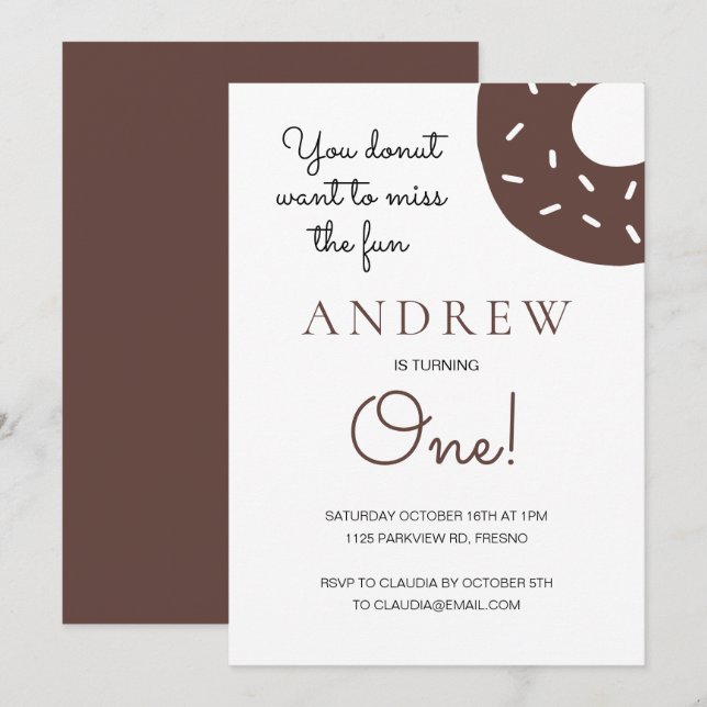 Chocolate Donut Turning One 1st First Birthday Invitation (Front/Back)