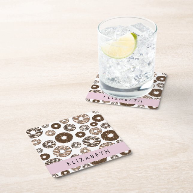 Chocolate Donuts, Caramel Donuts, Icing, Your Name Square Paper Coaster (Insitu)
