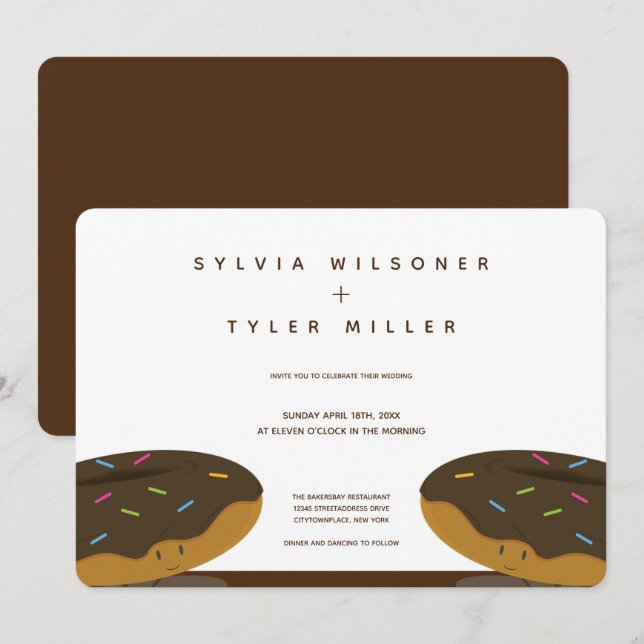 Chocolate Donuts Sprinkles Wedding White Brown Invitation (Front/Back)