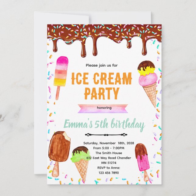 Chocolate drip ice cream birthday invitation (Front)