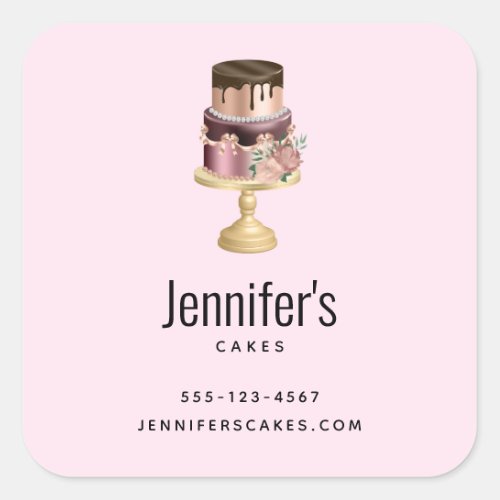 Chocolate Drips and Rose Gold Luxury Cake Business Square Sticker