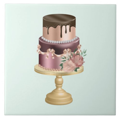 Chocolate Drips and Rose Gold Luxury Cake Ceramic Tile