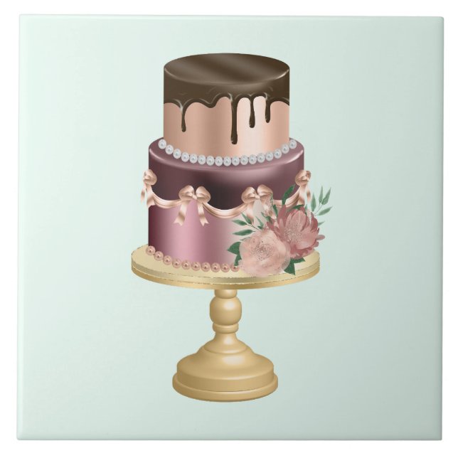 Chocolate Drips and Rose Gold Luxury Cake Ceramic Tile (Front)