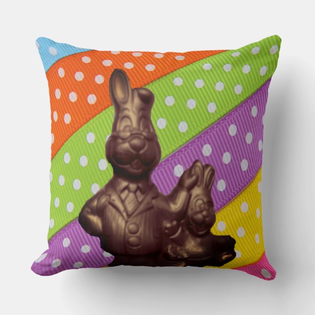 Chocolate Easter Bunnies & Polka Dot Ribbon, ZSSG Throw Pillow (Front)