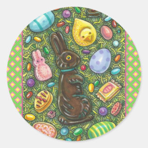 CHOCOLATE EASTER BUNNY, CHICK, EGGS, JELLY BEANS CLASSIC ROUND STICKER