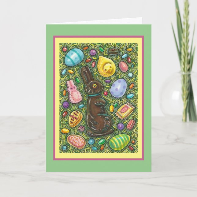 CHOCOLATE EASTER BUNNY, CHICK, EGGS, JELLY BEANS HOLIDAY CARD (Front)