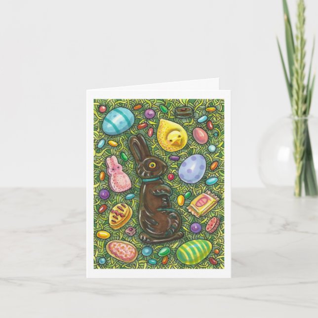 CHOCOLATE EASTER BUNNY, CHICK, EGGS, JELLY BEANS HOLIDAY CARD (Front)