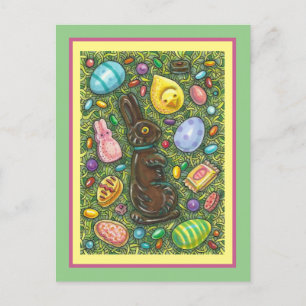 CHOCOLATE EASTER BUNNY, CHICK, EGGS, JELLY BEANS HOLIDAY POSTCARD