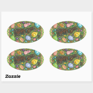 CHOCOLATE EASTER BUNNY, CHICK, EGGS, JELLY BEANS OVAL STICKER