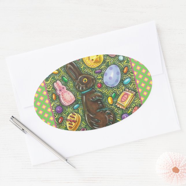 CHOCOLATE EASTER BUNNY, CHICK, EGGS, JELLY BEANS OVAL STICKER (Envelope)