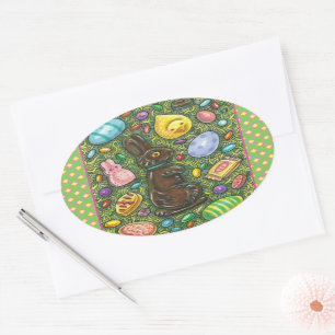 CHOCOLATE EASTER BUNNY, CHICK, EGGS, JELLY BEANS OVAL STICKER