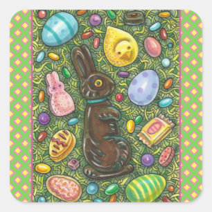 CHOCOLATE EASTER BUNNY, CHICK, EGGS, JELLY BEANS SQUARE STICKER