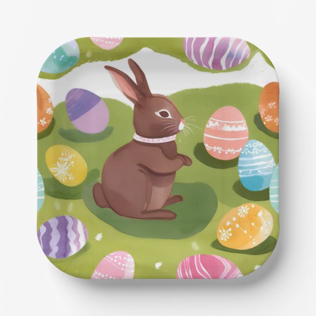 Chocolate Easter Bunny | Cute Spring Pastel Eggs Paper Plates (Front)