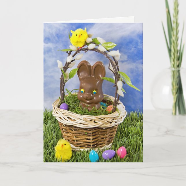 Chocolate Easter Bunny in basket Holiday Card (Front)