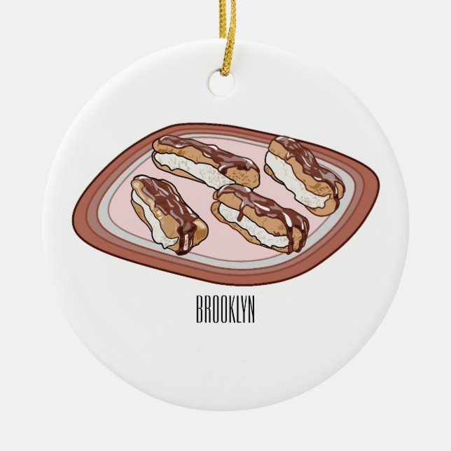 Chocolate eclair cartoon illustration ceramic ornament (Front)