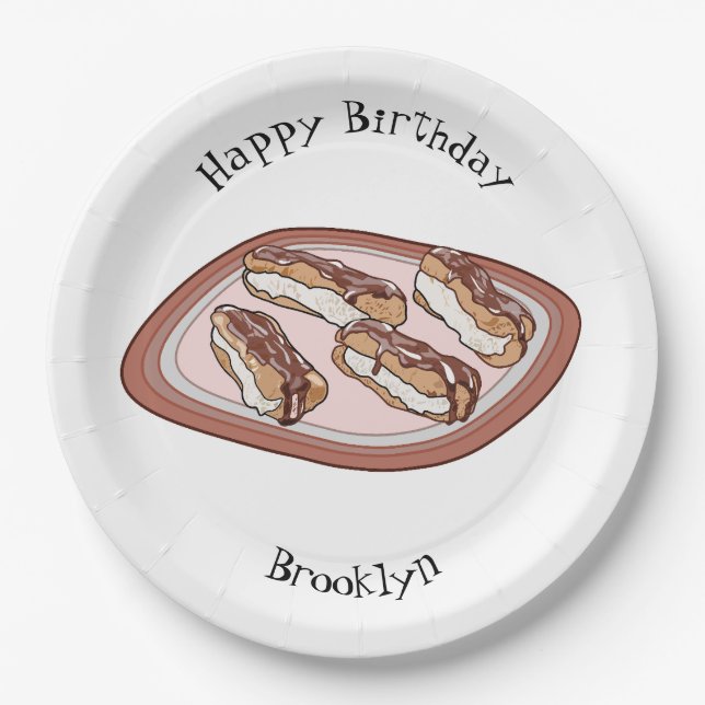 Chocolate eclair cartoon illustration paper plates (Front)