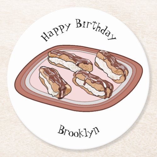 Chocolate eclair cartoon illustration  round paper coaster