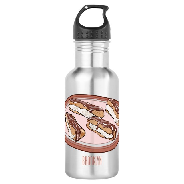 Chocolate eclair cartoon illustration  stainless steel water bottle (Front)