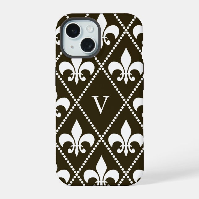Chocolate Fleur de Lis w/ monogram Iphone Case (Back)