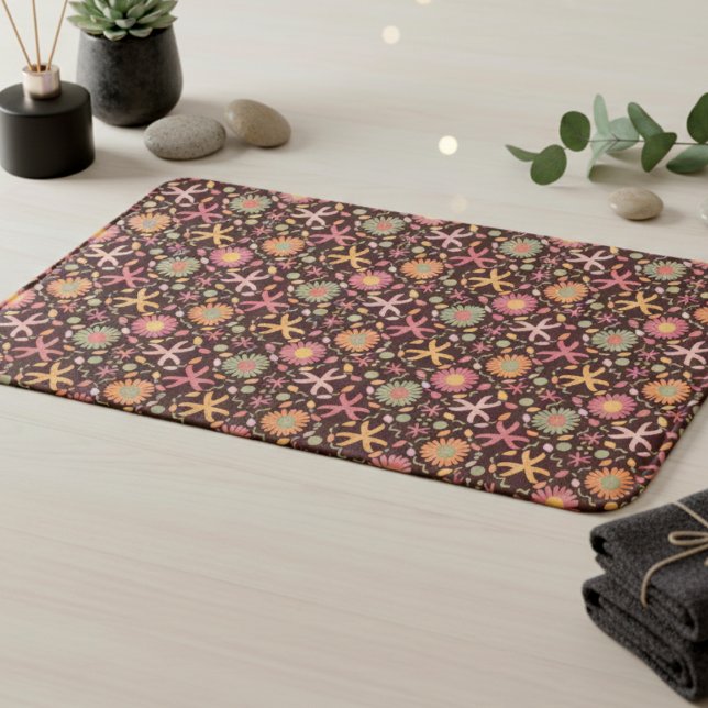 Chocolate Flowers And Starfish Bath Mat (Cute comfort for your toes and your aesthetic with fun playful starfish and flowers on rich coco.)
