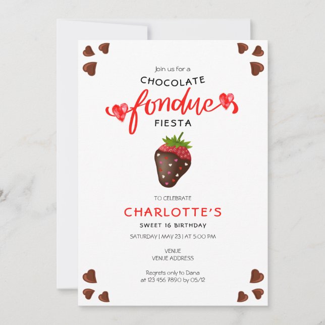 Chocolate Fondue Fiesta Strawberry Hearts Birthday Invitation (Front)