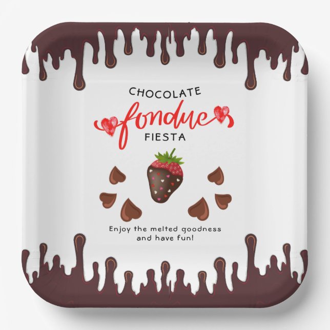 Chocolate Fondue Fiesta Strawberry Hearts Birthday Paper Plates (Front)