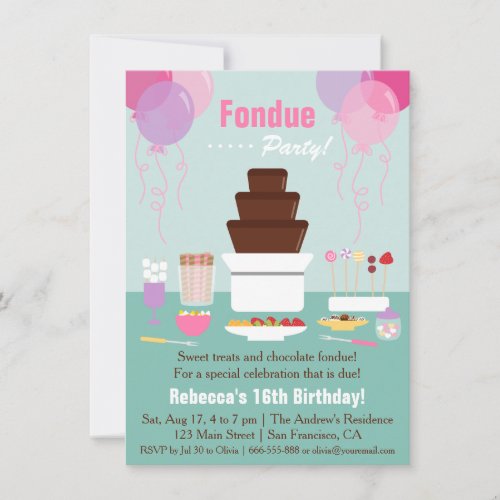 Chocolate Fondue Fountain Girls Birthday Party Invitation