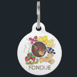Chocolate Fondue Fruit Cake Marshmallow Dessert Pet ID Tag<br><div class="desc">Design features an original illustration of a chocolate fondue pot with strawberries, raspberries, pineapple, bananas, blueberries, kiwi fruit, marshmallows, and pound cake cubes, along with dipping sticks. Ideal for a chocoholic, fondue business, chocolatier, dessert shop, or any fan of retro desserts. Lots of coordinating pet products are also available from...</div>