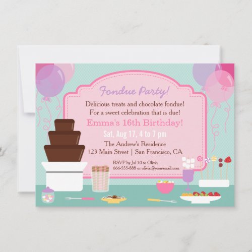 Chocolate Fondue Girls Birthday Party Invitations