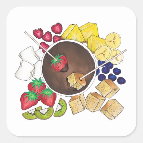 Chocolate Fondue Pot Retro Dessert Food Fruit Cake Square Sticker