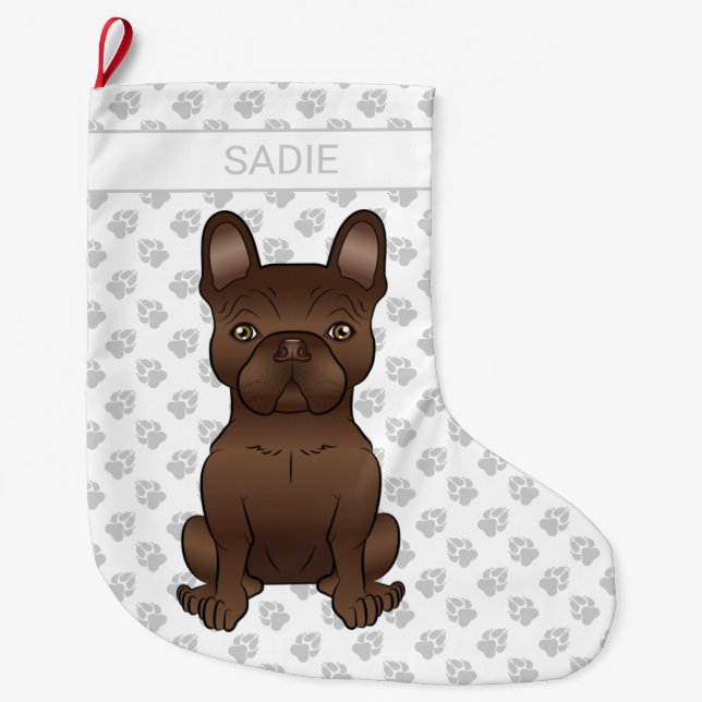 Chocolate French Bulldog / Frenchie Dog & Name Large Christmas Stocking (Front)