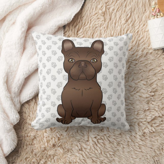 Chocolate French Bulldog / Frenchie Dog & Paws Throw Pillow (Blanket)