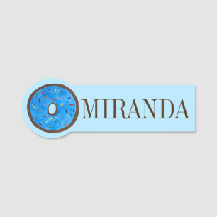 Chocolate Frosted Blue Donut Doughnut Shop Bakery Name Tag