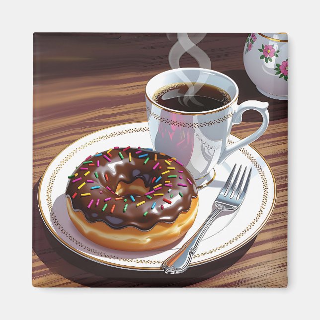 Chocolate Frosted Donut and Coffee  Magnet (Front)